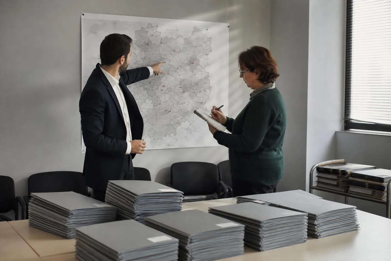 Deux agents d’un centre de gestion devant une carte départementale papier punaisée au mur et des piles de chemises étiquetées par commune