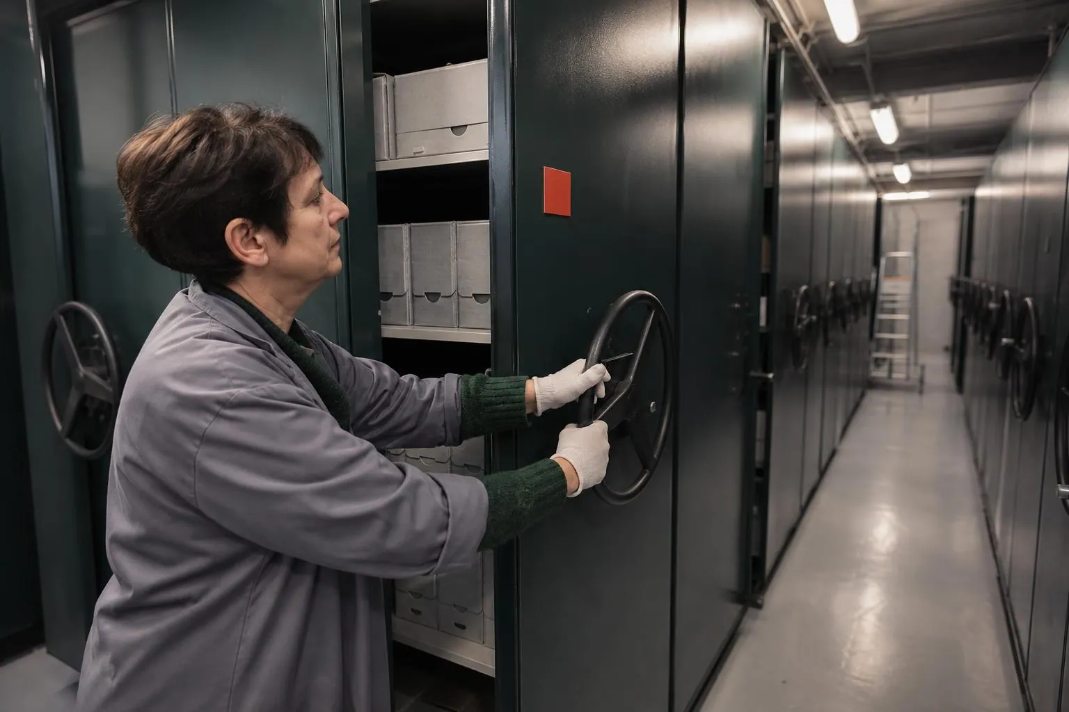 Une archiviste tourne le volant d’un rayonnage mobile dans un local d’archives municipales rempli de boîtes cotées