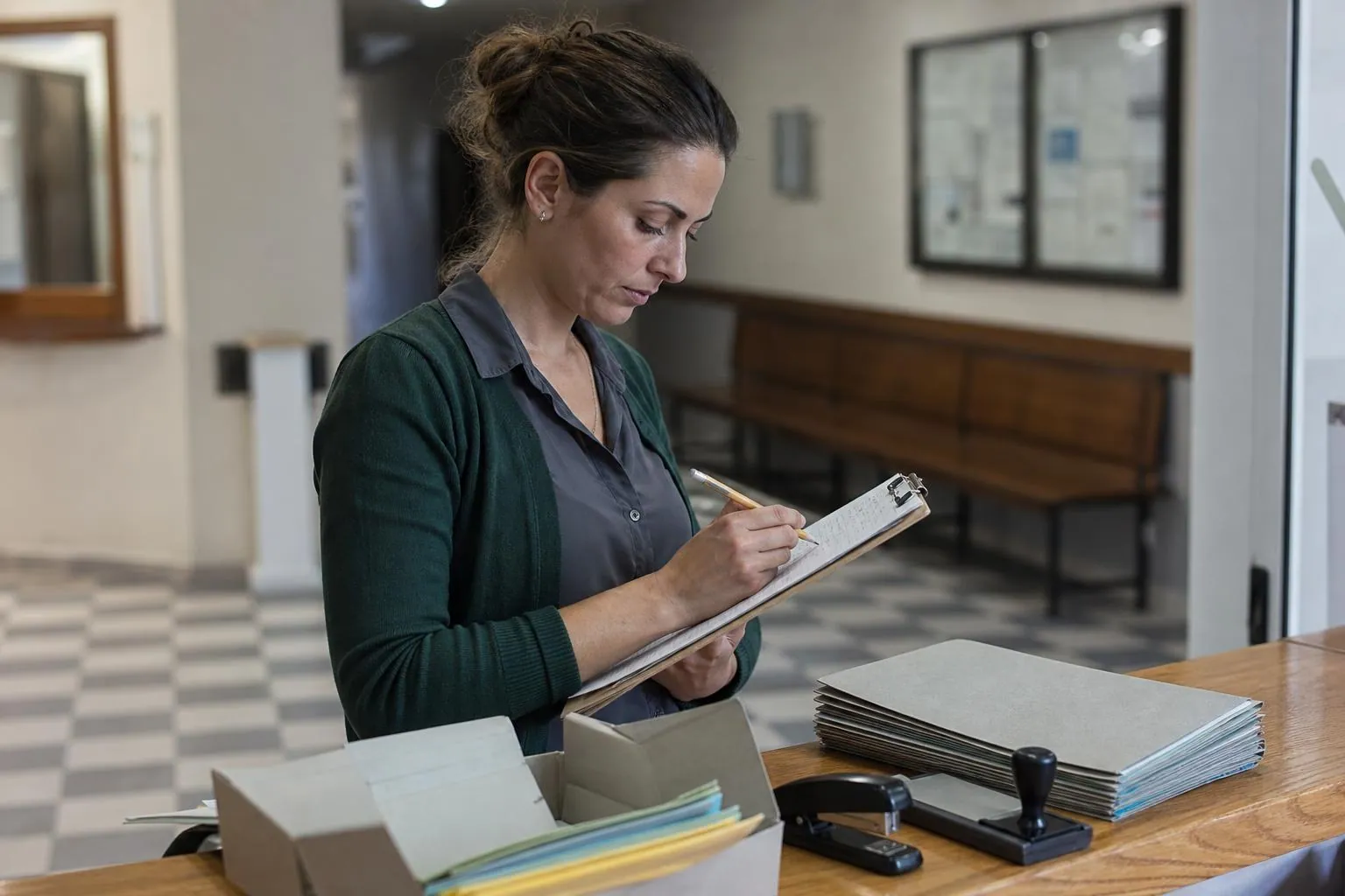 Une agente debout au comptoir d’un secrétariat de mairie coche au crayon une liste imprimée fixée sur une planche à pince, un parapheur ouvert à côté