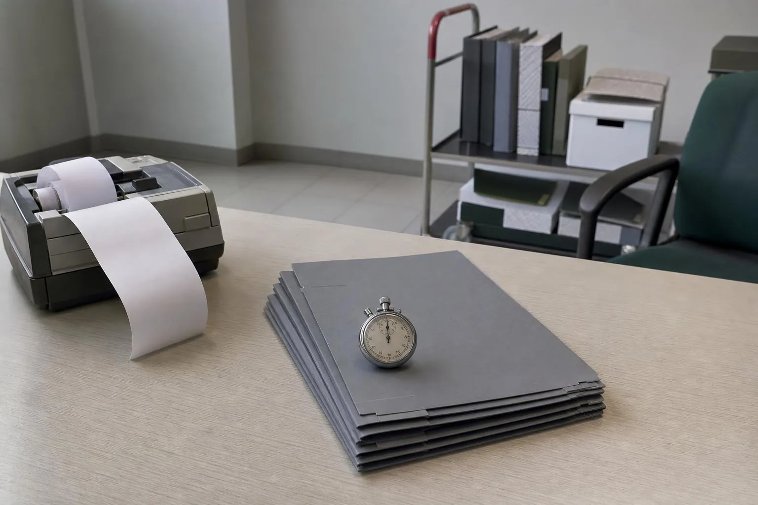 Un chronomètre mécanique posé sur une pile de chemises administratives, à côté d’une calculatrice de bureau à bande papier et d’un chariot d’archives