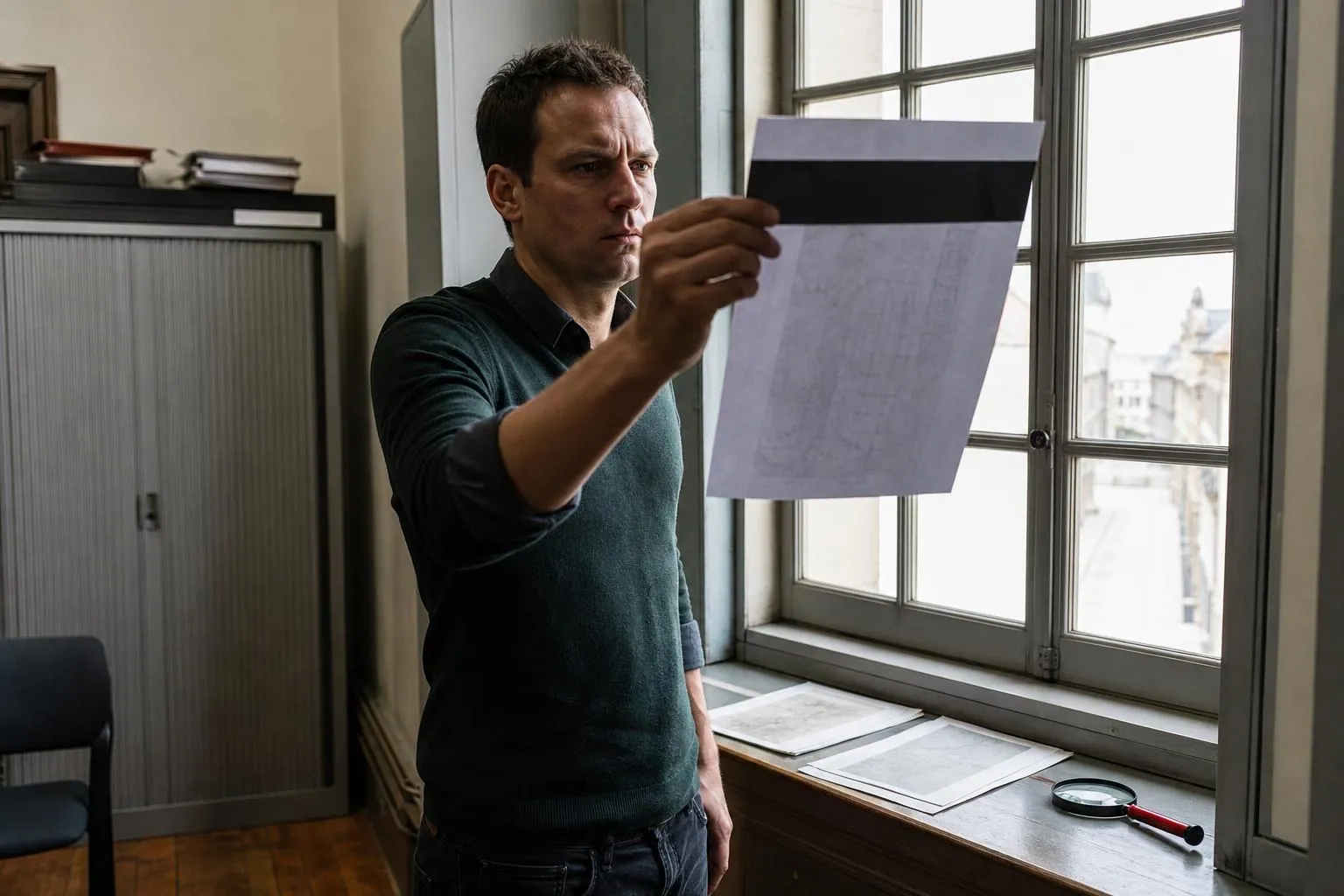 Un agent tient une feuille imprimée à bout de bras devant une fenêtre en contre-jour pour vérifier ce qui apparaît sous un bandeau noir