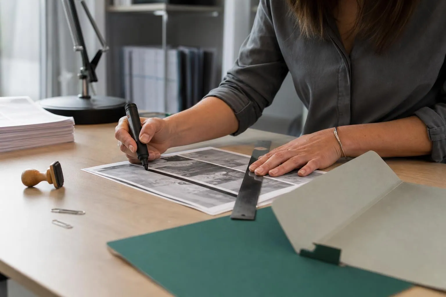 Mains d’une agente de mairie passant un large trait de feutre noir sur une photocopie posée à plat sur une table de tri