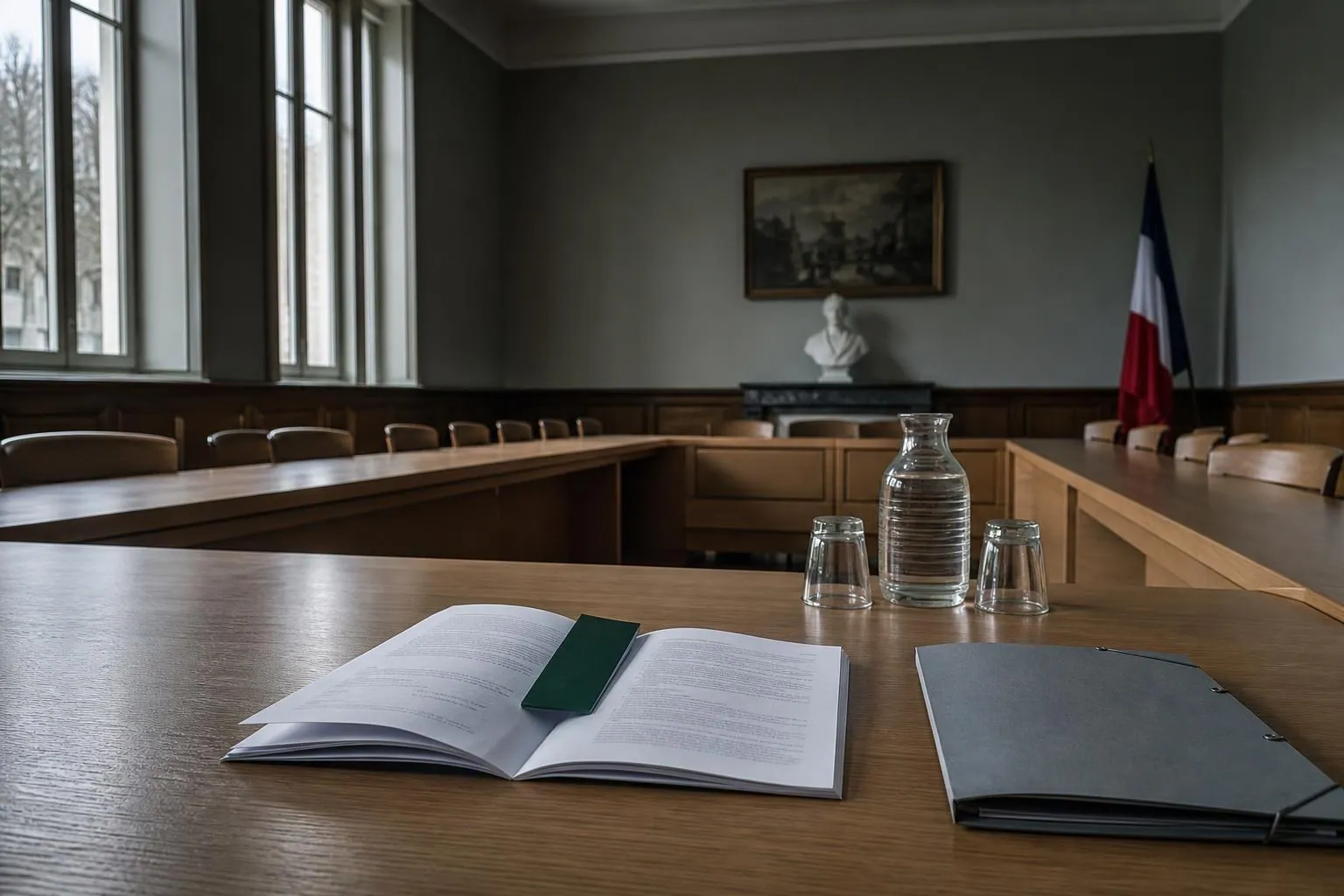 Salle du conseil municipal vide avant une séance, un fascicule réglementaire ouvert sur la table en U et un drapeau replié dans l’angle