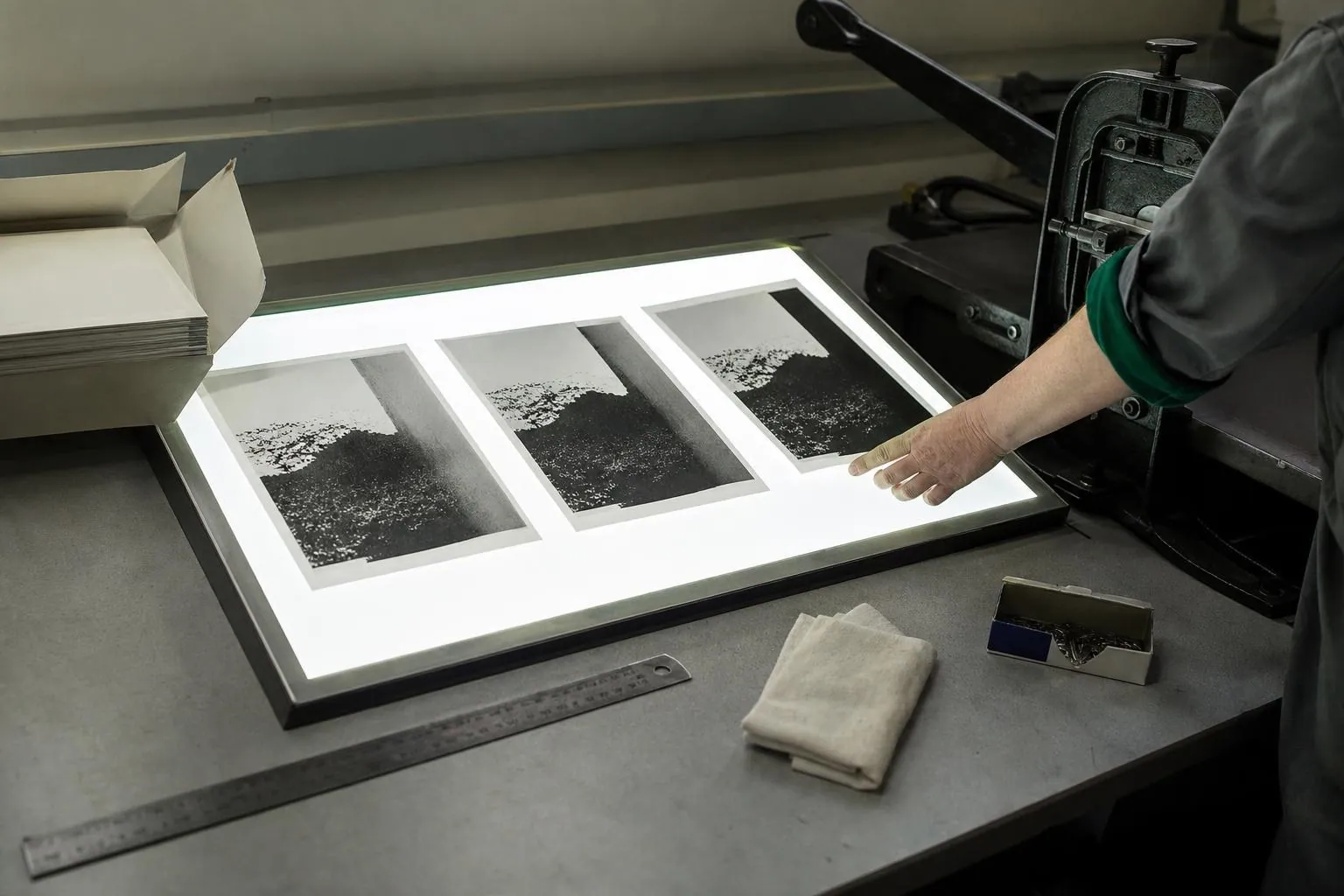 Trois versions d’un même document imprimé alignées côte à côte sur une table lumineuse d’atelier de reprographie, une main posant la troisième