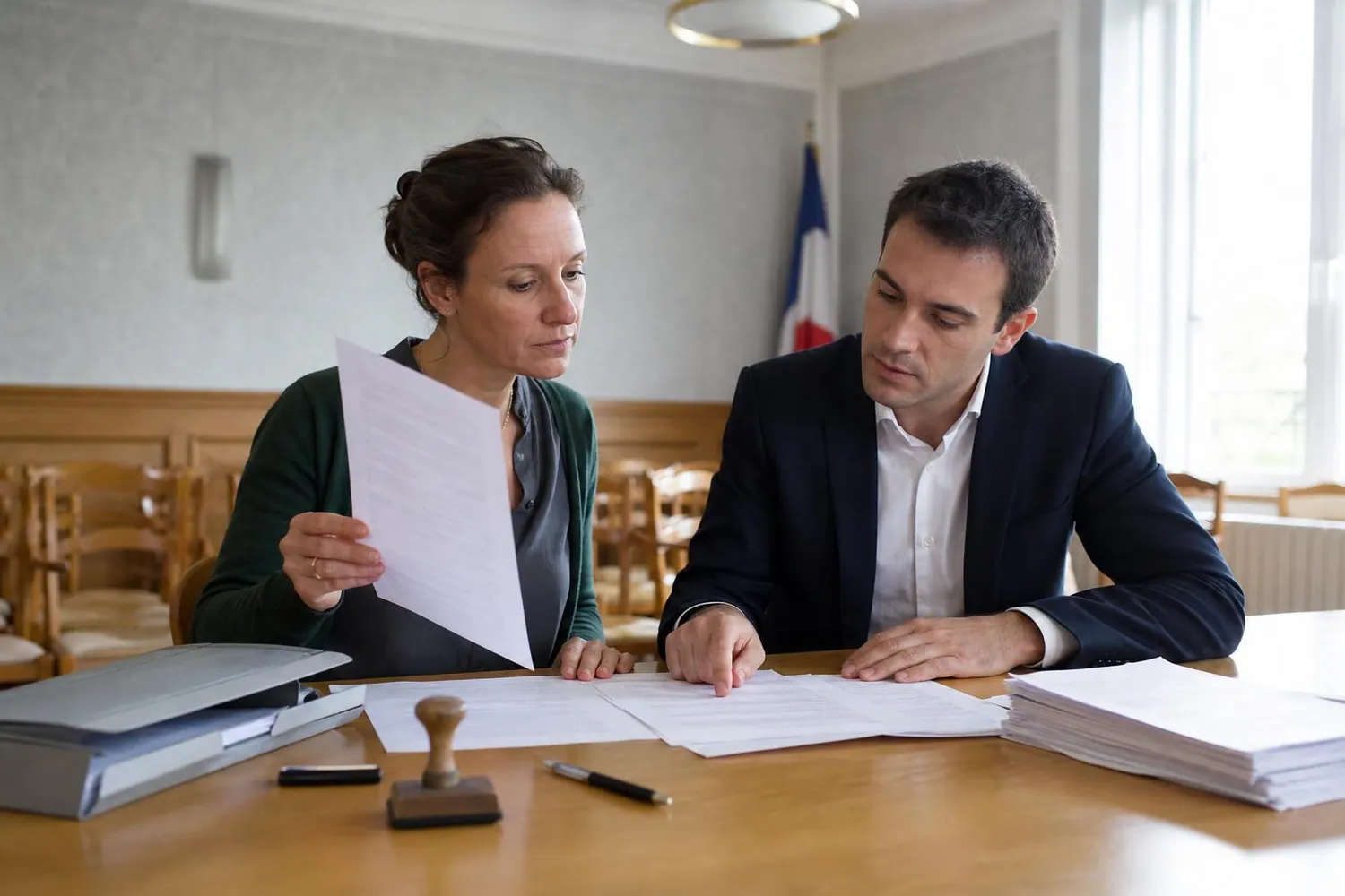 Une secrétaire générale de mairie et un agent de centre de gestion comparent deux versions imprimées d’une délibération sur la table de la salle du conseil municipal